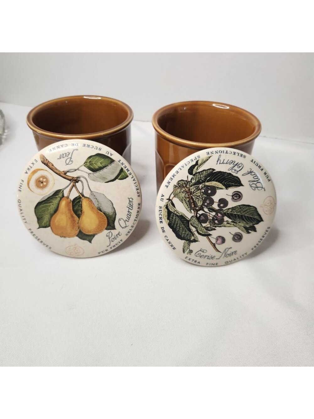 Vintage French Ceramic Jam Jars With Illustrated Lids 12 Oz Pear & Black Cherry